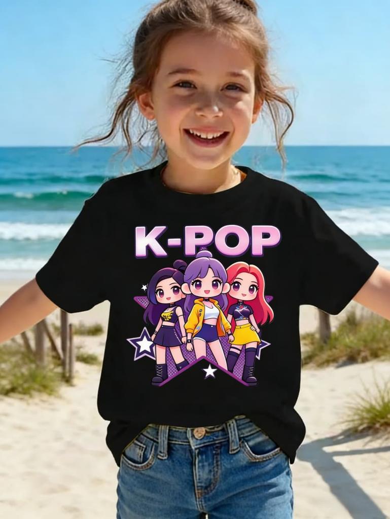 Детская футболка K-pop с мультяшным принтом, короткий рукав, летняя, удобная, забавный подарок для фанатов, футболки в стиле Харадзюку, одежда для девочек