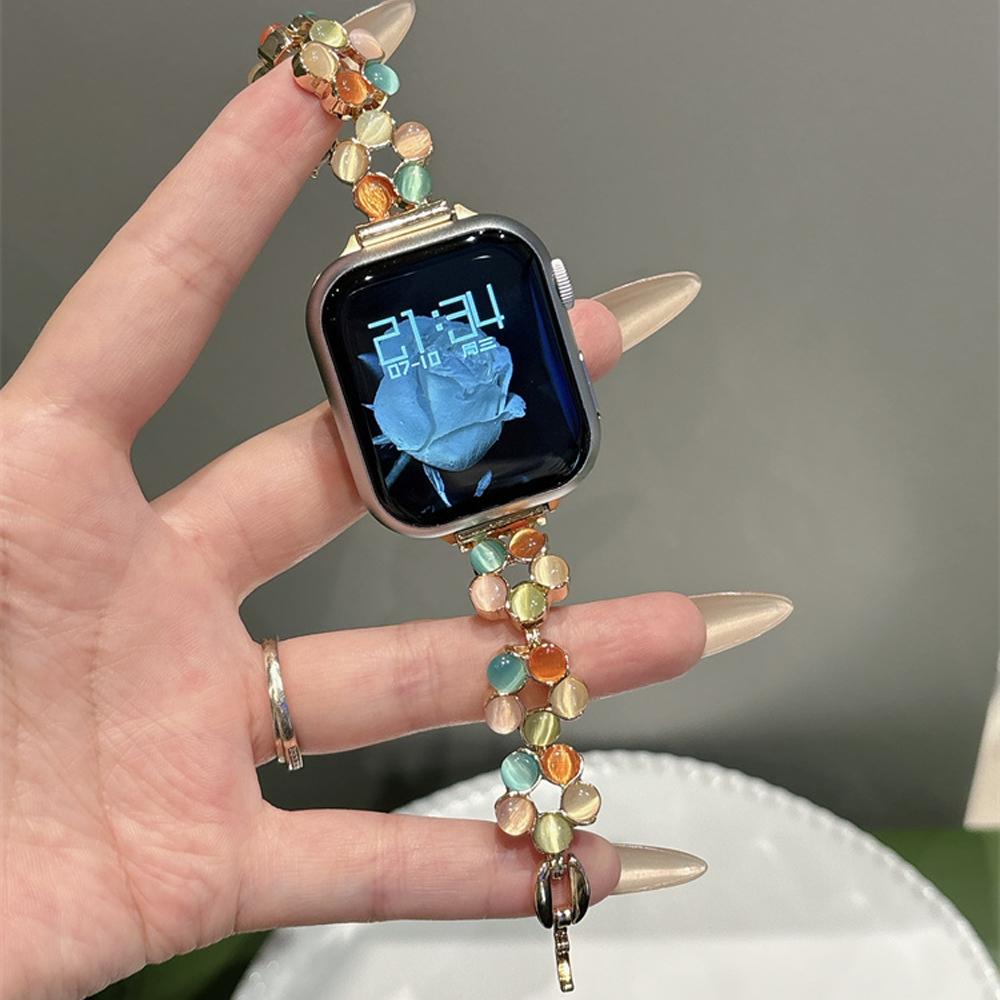 High Quality Opal Stone Floral Bangle Alloy Watch Strap for Watch 38/45mm 49mm Models Press Buckle Full Color Band