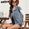 Однотонный принт лето весна ретро джинсовый облегающий стираный жилет повседневный жилет для женщин куртки и пальто с воротником поло
