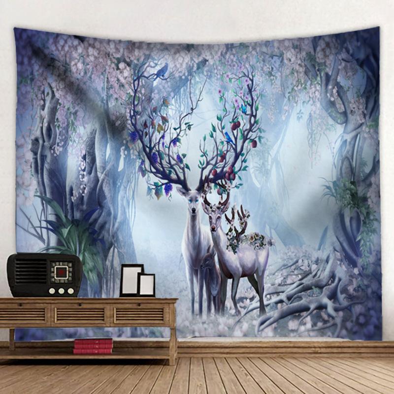 Elk Printing Tapestry 3D Forest Waterfall Landscape Wall Hanging Home Background Cloth Decor Garden Poster for Outside