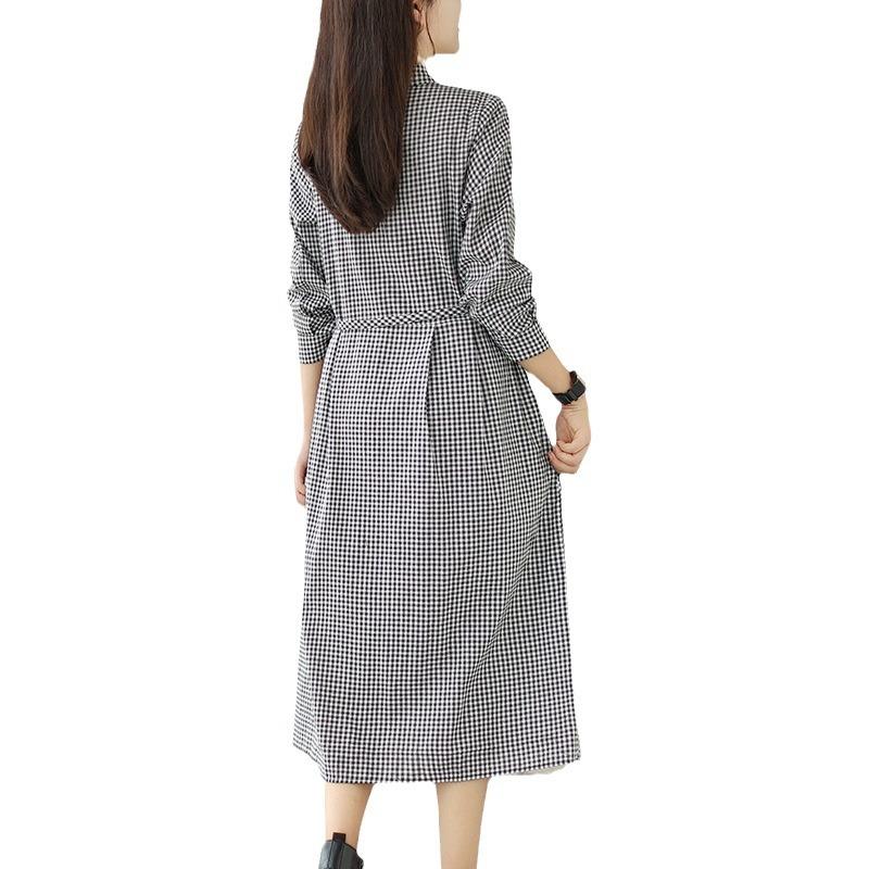 2025 осень новое ретро литературное среднее и длинное клетчатое хлопковое и льняное платье с тонкой талией рубашка юбка женская