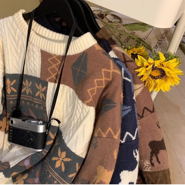Vintage Patchwork Fried Dough Twists Round Neck Sweater Lovers Outfit Winter Port Style Graffiti Sweater Loose Pullover Lovers Knitwear Men and Women