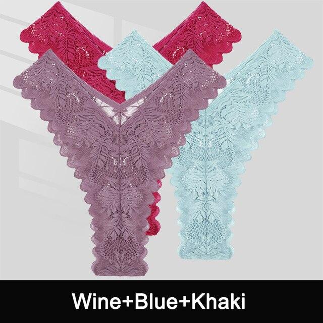 FINTOO 3PCS/Set Sexy V Waist Floral Lace Women Panties Perspective Underwear Thongs Brazilian Briefs Lingerie Comfort Female Underpants