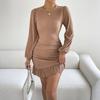 Women's Fashion Ruffled Hem Ruched Bodycon Dress With Round Neck, Long Sleeves And Solid Color
