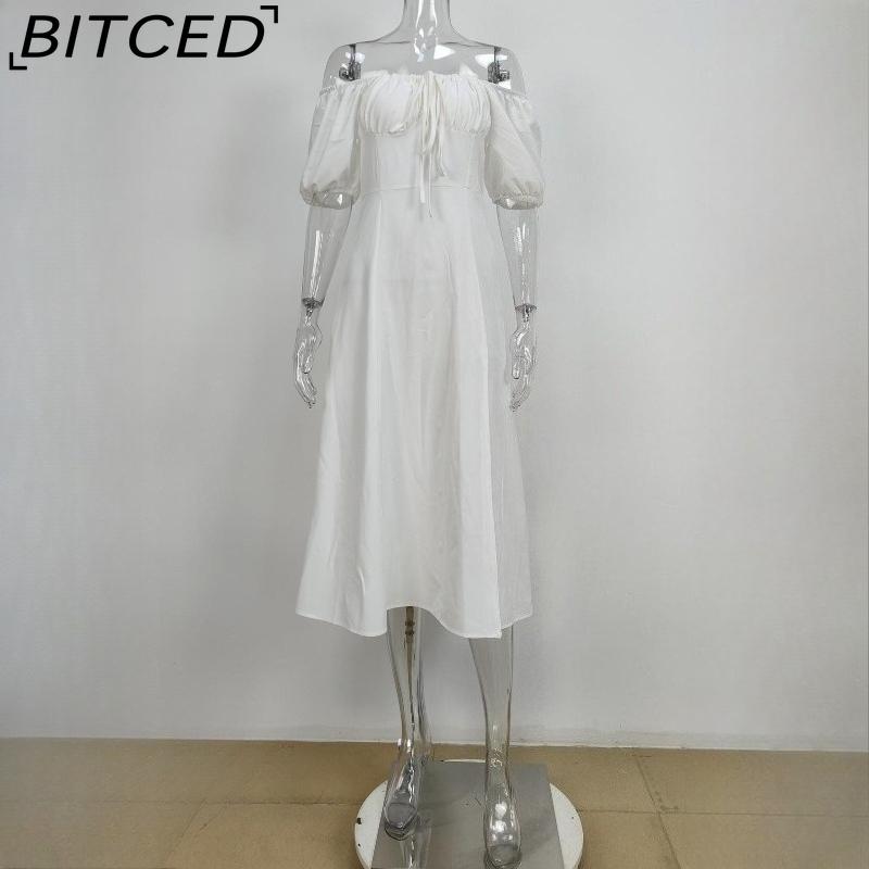 BITCED Весенне-летнее длинное платье женское повседневное с рукавами-буфами, завязкой на талии и разрезом