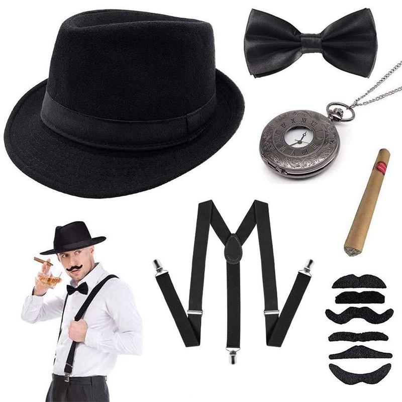 1Set 1920's Cosplay Costume Hat Pocket Watch Neck Tie Moustache Bowtie Gatsby Masquerade Accessories