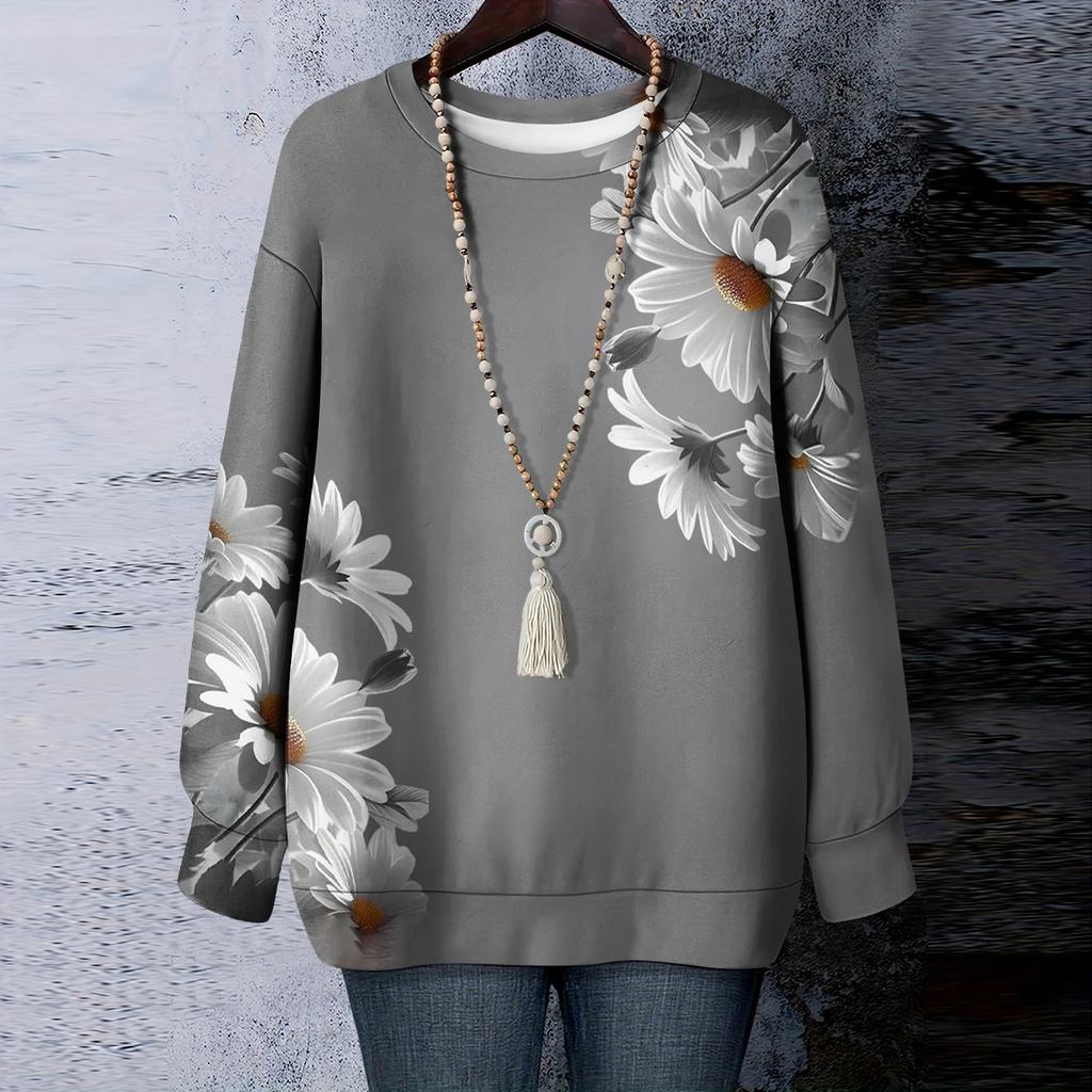 Женская футболка с цветочным принтом, круглым вырезом и длинными рукавами, свитшот