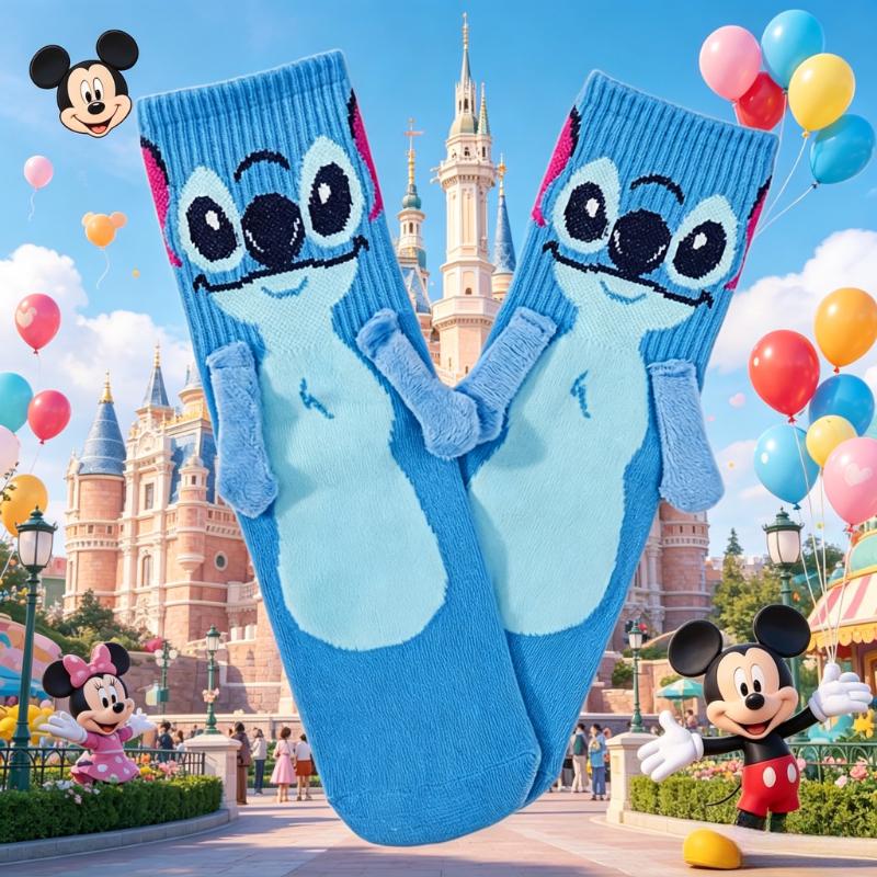 Disney Носки с рисунком Стич, держащиеся за руки, пара, розово-голубая расцветка, носки до середины голени, носки с мультяшной парой, дышащие и модные