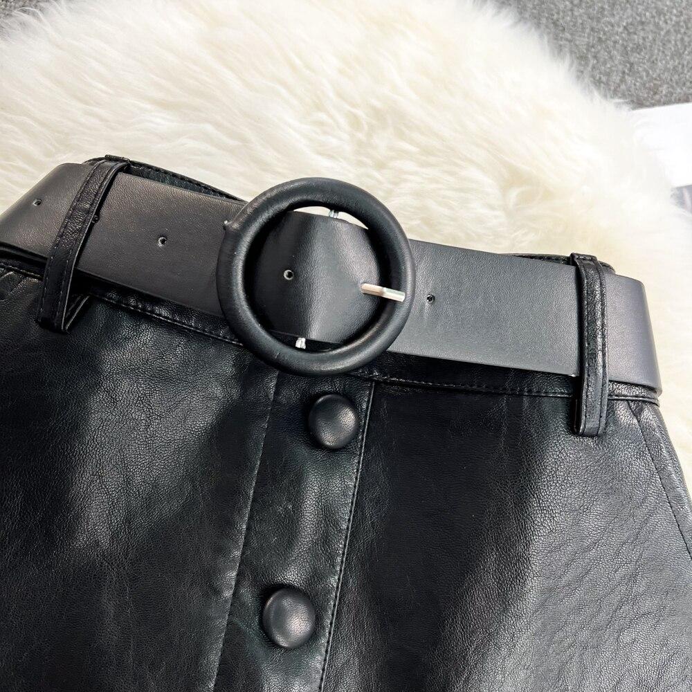 Осень и Зима Ретро Темперамент Высокая Талия Тонкий Пакет Бедра Однобортный Длинный Разрез Открытая Вымытая Кожа Юбка Половинной Длины