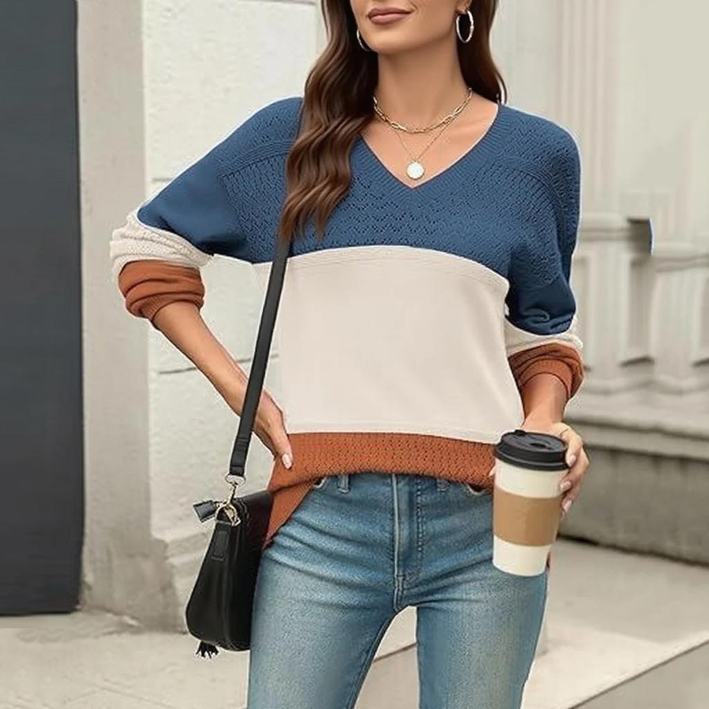Женский свободный вязаный свитер с V-образным вырезом, ажурный пуловер с длинными рукавами, топ с цветными блоками
