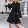 Fall Spring Women Dress Round Neck Lace Applique Long Sleeves Button-down Lace-up Strap Slim Waist A-line Big Hem Dating Party Midi Dress