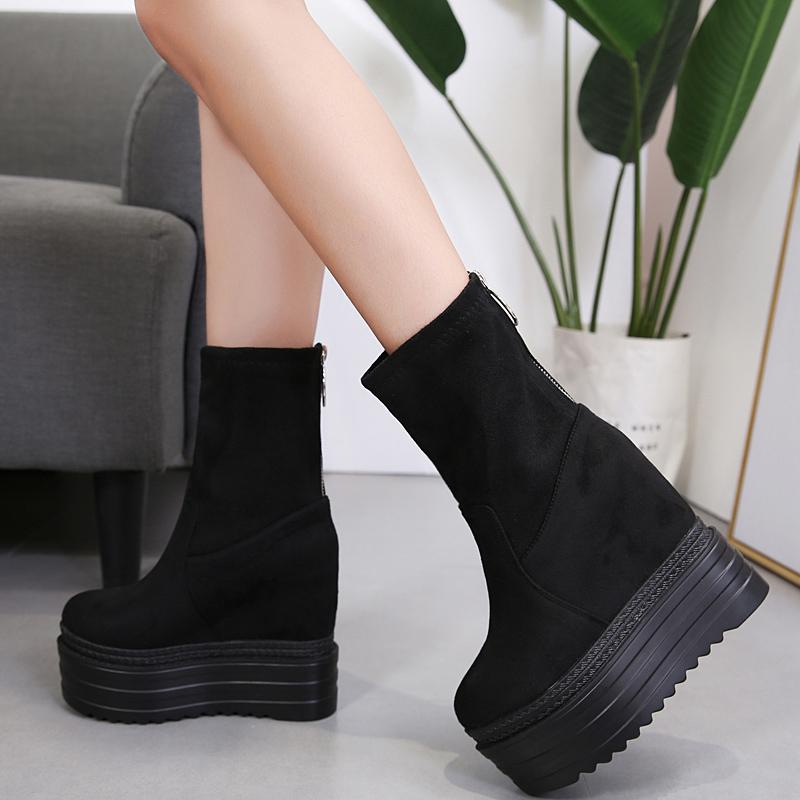 Женская осенняя обувь, замшевые ботильоны на танкетке и эластичной платформе, повседневная обувь на молнии, черный панк