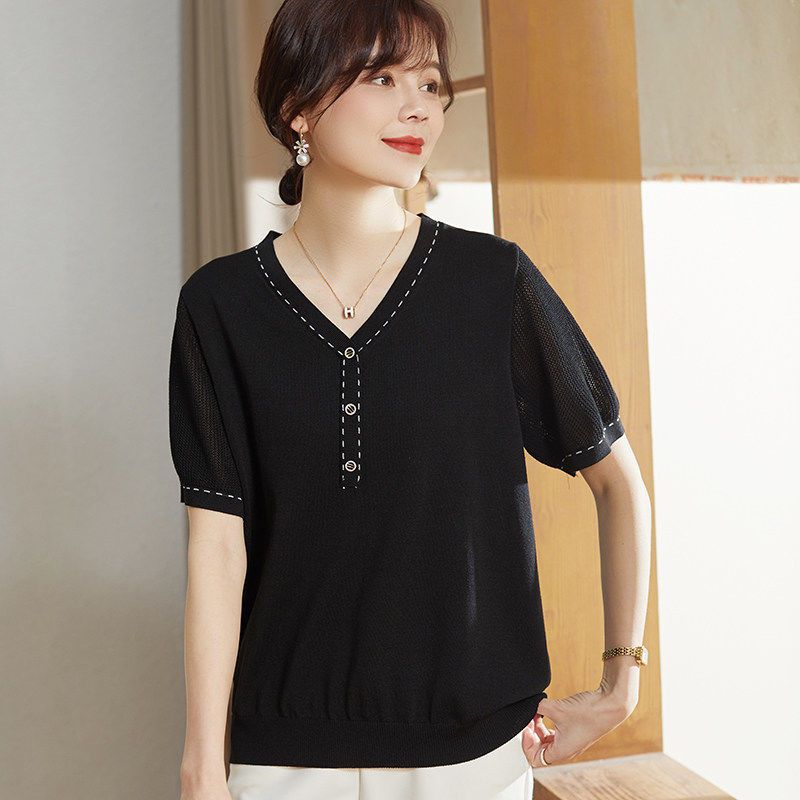 Women's Knitted T-shirt Mom's Summer Outfit Ice Silk Stylish Short Sleeve Summer New V-neck Knitted Top