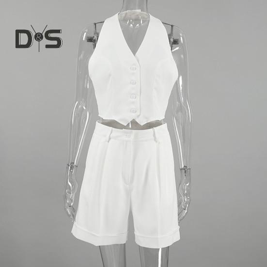 2 Pcs/Set Women Vest Shorts Suit Sleeveless Single-breasted Off Shoulder Halter Neck Button Solid Color Waistcoat High Waist Straight Knee Length