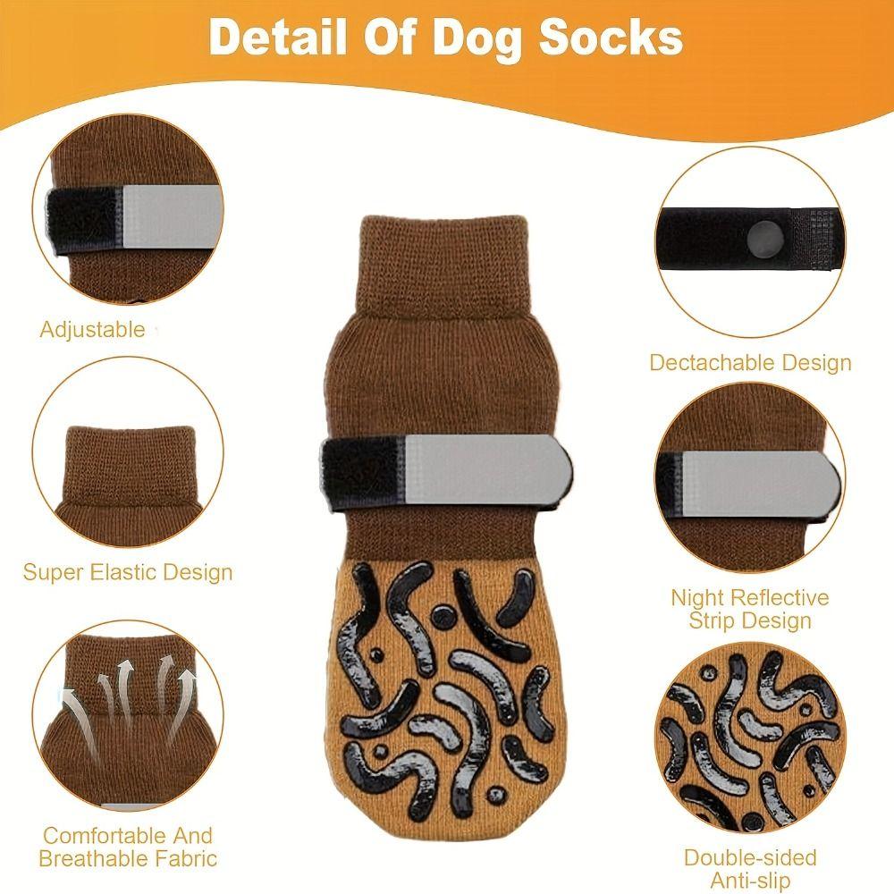 4PCS Anti-Slip Cozy Dog Socks Adjustable Band Pets Knitted Socks Paw Protection Socks Indoor