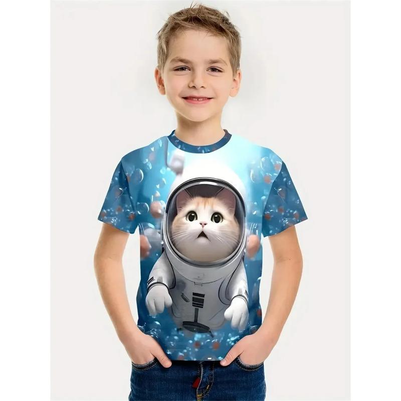 Мультяшный кот Детская одежда для мальчиков Футболка с принтом 3D кота с коротким рукавом Детская одежда Модная футболка для мальчиков Топ Футболка Лето