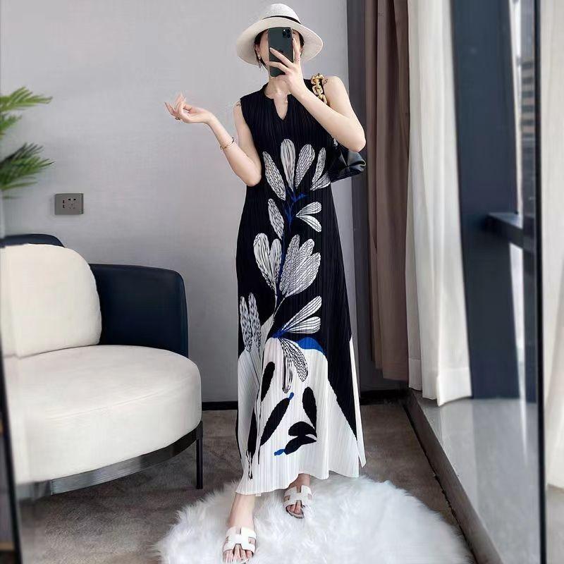 Летнее изысканное плиссированное платье макси с чернильным принтом для женщин