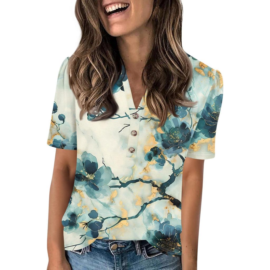 Женский модный повседневный свитер с коротким рукавом и принтом на пуговицах и V-образным вырезом