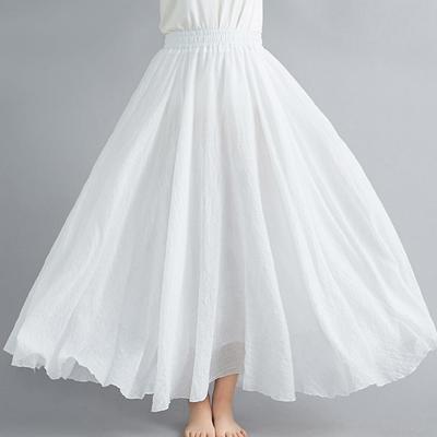 Женская юбка из хлопка и льна больших размеров с эластичной талией и юбкой-трапецией, длинная большая распашная юбка в этническом стиле чистого цвета