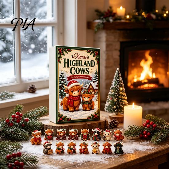 Cute Cartoon Animal Ornament 2026 Highland Cow Advent Calendar, 24 Day Christmas Countdown Calendar with 2D Acrylic Collectible Tree Hanging