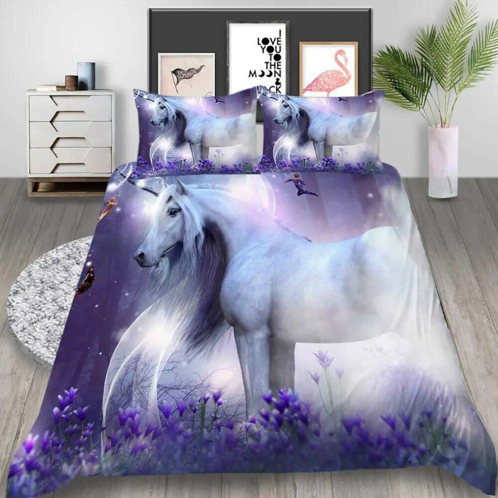 Pink Unicorn Flowers Duvet Cover Set King Queen Double Size Polyester Comforter Cover With Pillowcase For Kids Girls Bedding Set
