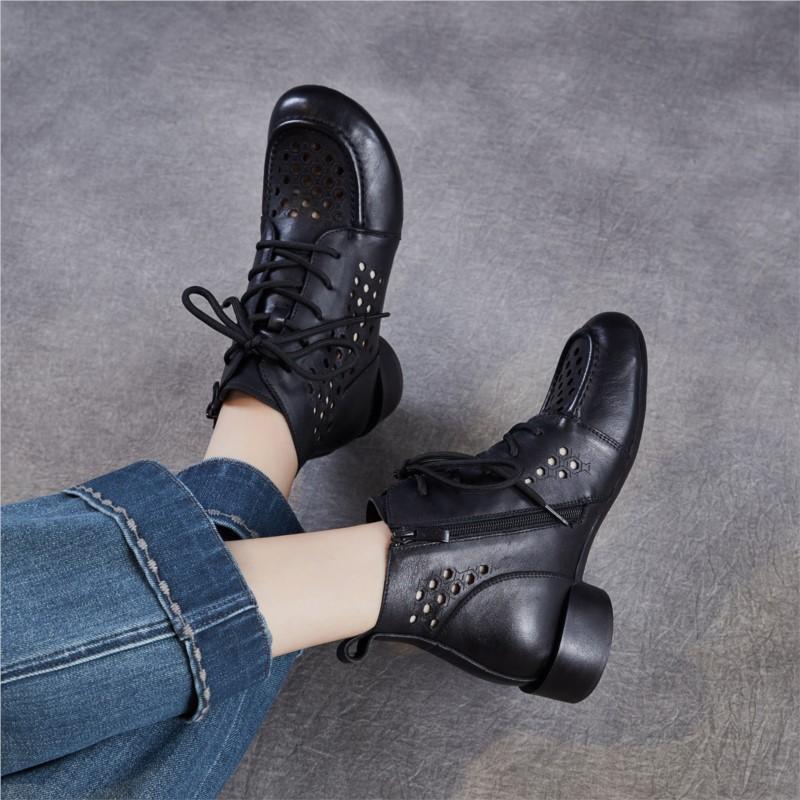 Johnature Женские ботинки из натуральной кожи в ретро-стиле на толстом каблуке с вырезами, низкий каблук, дышащие