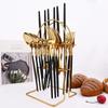 24pcs Black Gold Cutlery Set On Rack Stainless Steel Hanging Flatware Set Mirror Polished Knife Fork Spoon Tableware with Cutlery Storage Holder
