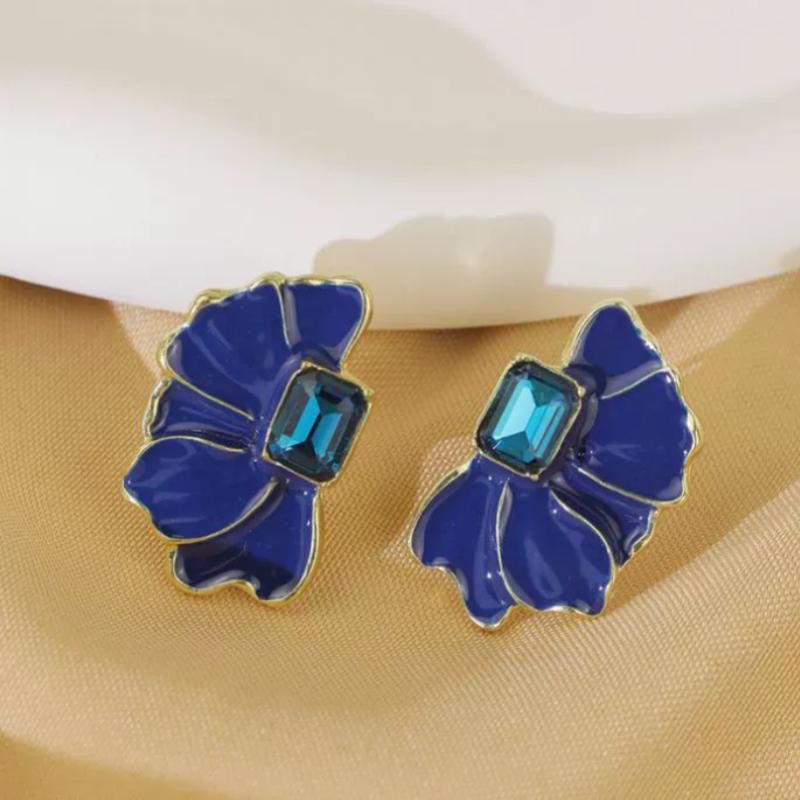 New French Retro Rhinestone Blue Oil Flower Drop Stud Earrings Fashion Cute Alloy Stud Earrings For Women Jewelry Gifts