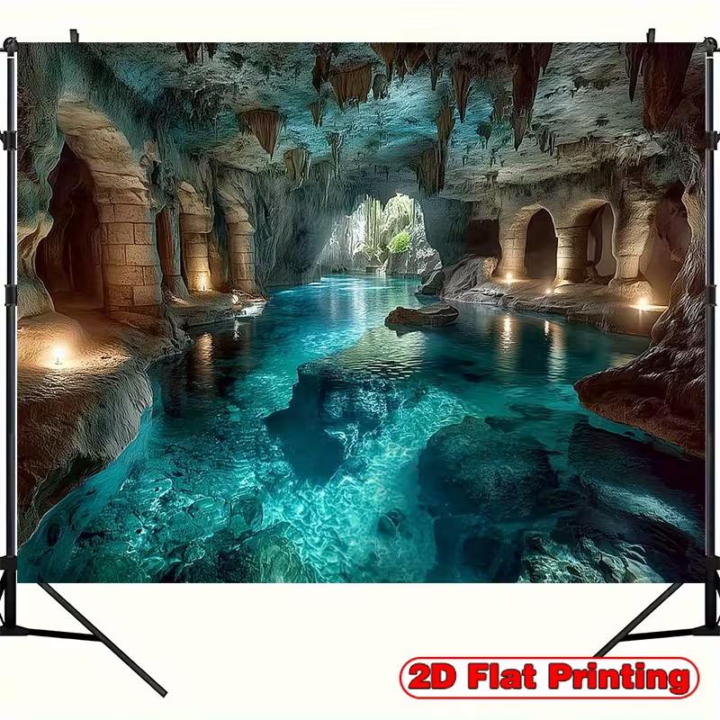 2D Crystal Clear Cave Water Tapestry Ancient Ruins & Stalactites Background Cloth