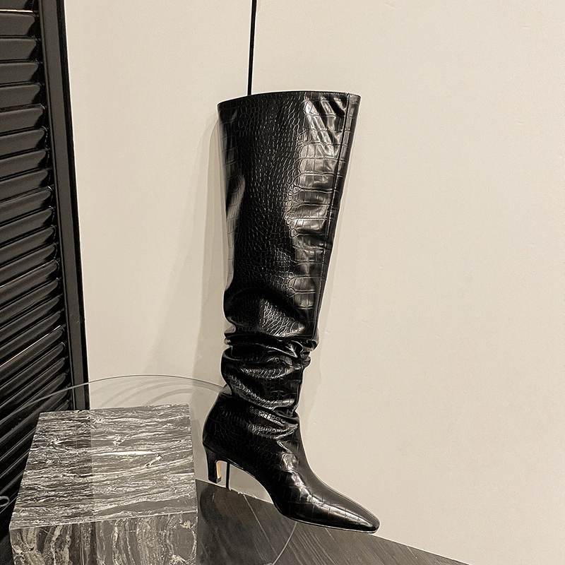 Krazing Pot Осенне-зимняя обувь из искусственной кожи, туфли без шнуровки на среднем каблуке с квадратным носком, женские сапоги до бедра со плиссированной отделкой и украшением