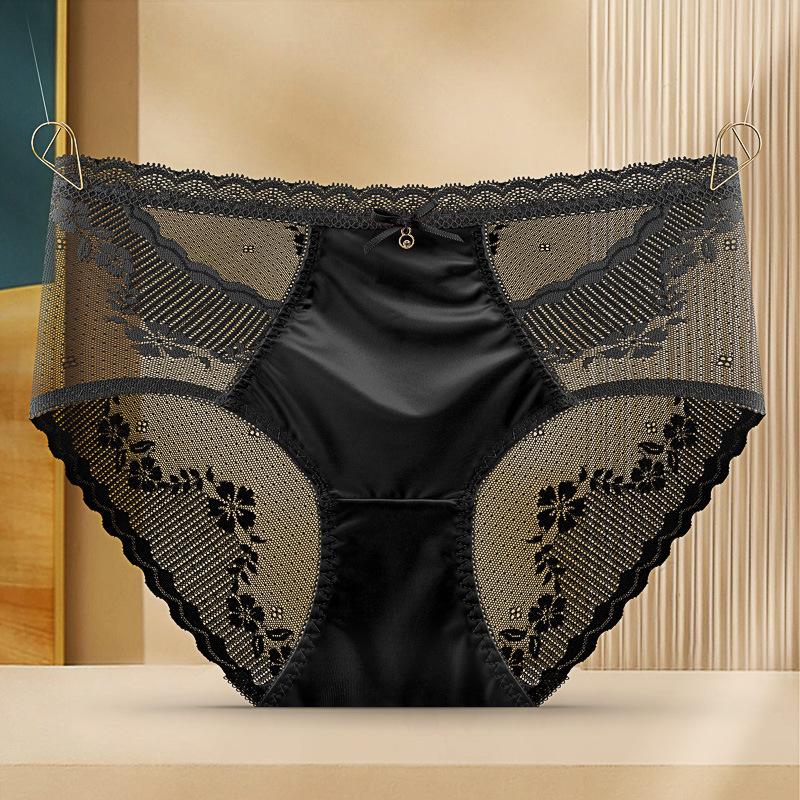 High-end Luxury Satin Lace Mesh Palace Mid-waist Women's Underwear Ultra-thin Sexy Seamless Briefs