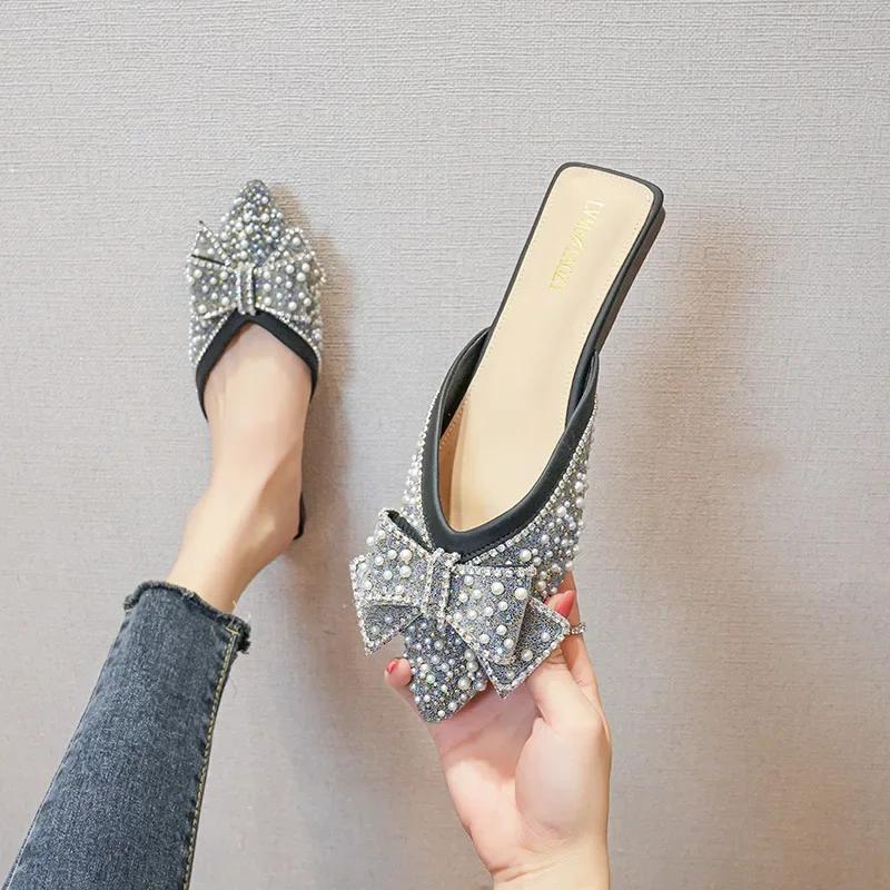 Fashion Large Size Slippers for Women Summer New Pointed Toe Flat Sole Bowknot Slippers Womens Shoes Zapatos De Mujer 2024