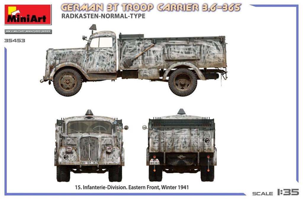 Miniart Масштаб Немецкий troop carrier Стандартное крыло Тип Пластиковая модель MA35453 1/35 3-тонный 3,6-36S (Военная техника)