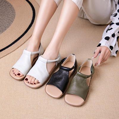 Винтажные женские сандалии на плоской подошве ручной работы из коровьей кожи - Удобные открытые сандалии на липучке для лета