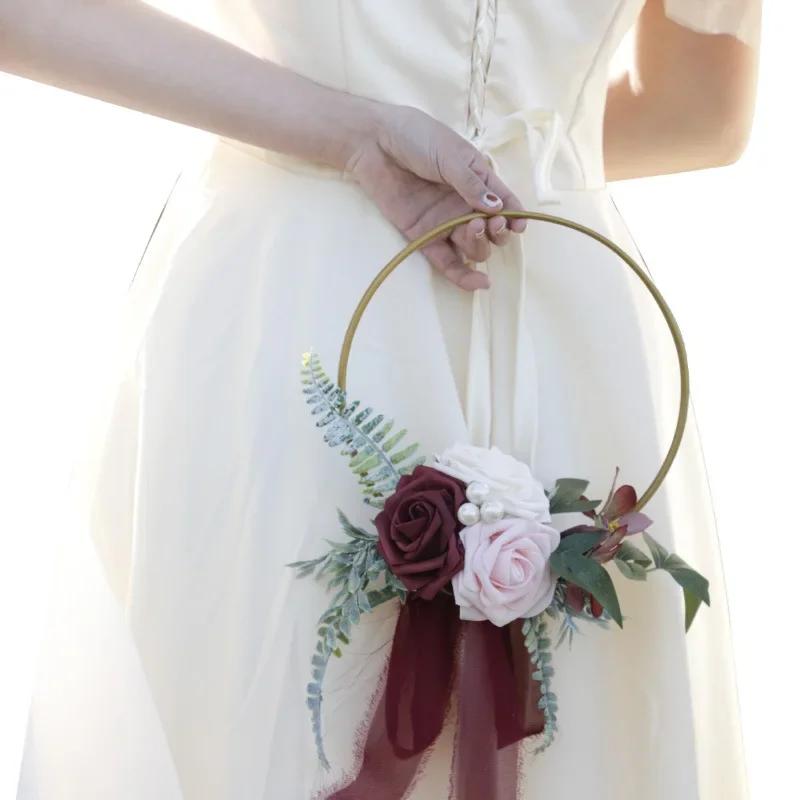 Bridesmaid Gold Hoop Bouquet for Wedding Bridal Shower Ceremony Artificial Rose Flower Hoop Wreath Front Door Wall Decoration
