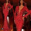 Весна 2025 года, новое женское платье с запахом на бедрах, с кромкой «рыбий хвост», красное платье с пайетками, длинными рукавами и V-образным вырезом