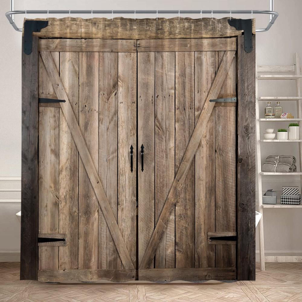 Vintage Farm Barn Wooden Door Shower Curtains Retro Texas Star Brown White Wood Board Bath Curtain Set Polyester Bathroom Decor