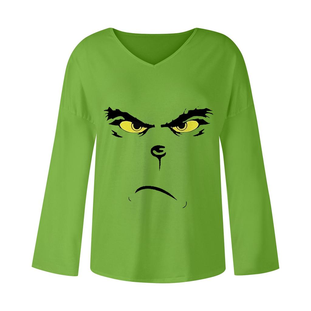 Женская свободная футболка с v-образным вырезом и рождественским принтом, длинными рукавами, топы с прямыми рукавами для женщин