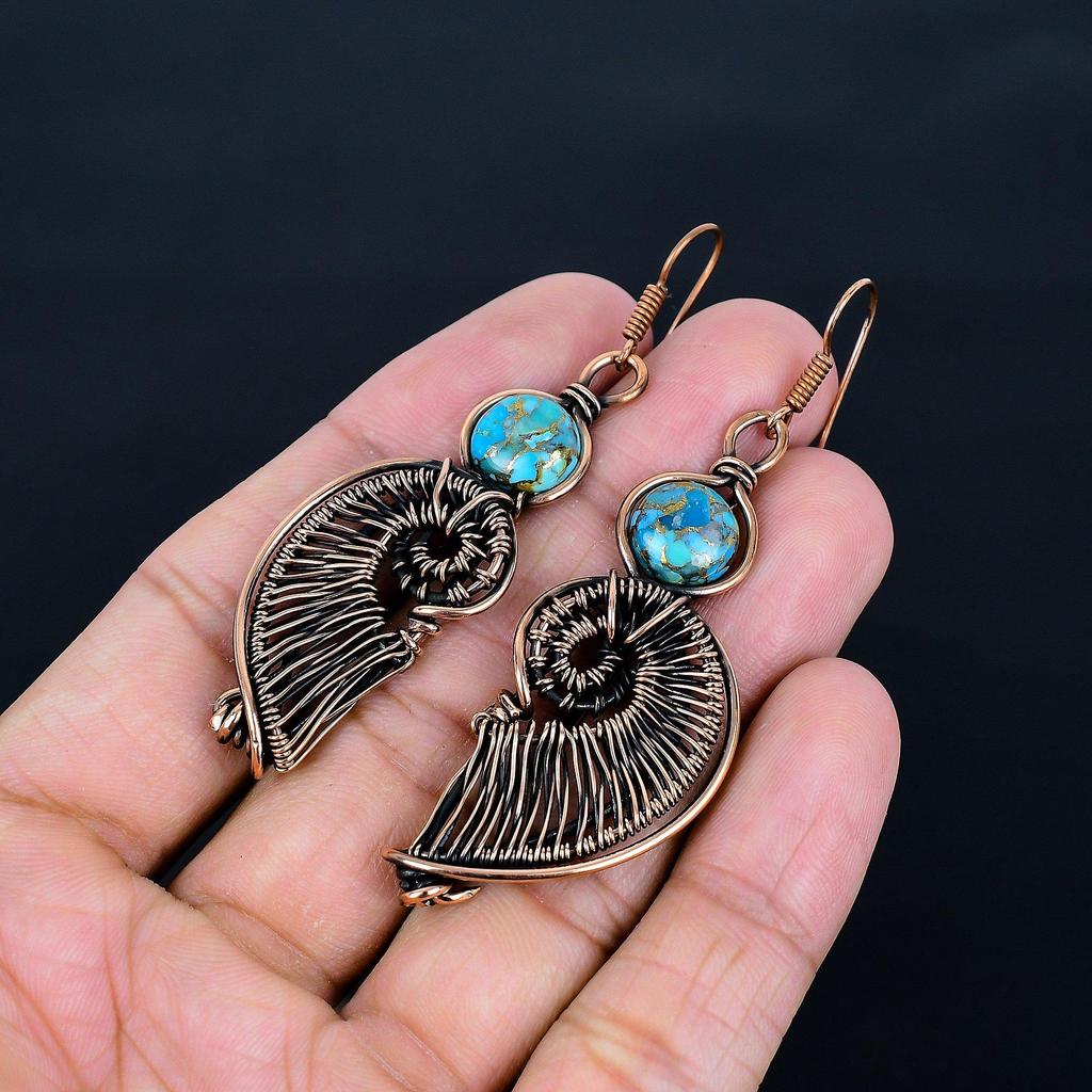 Blue Copper Turquoise Handmade Gemstone Earrings, 999 Copper Wire Wrapped Earrings Antique Jewelry, For Engagement Gift