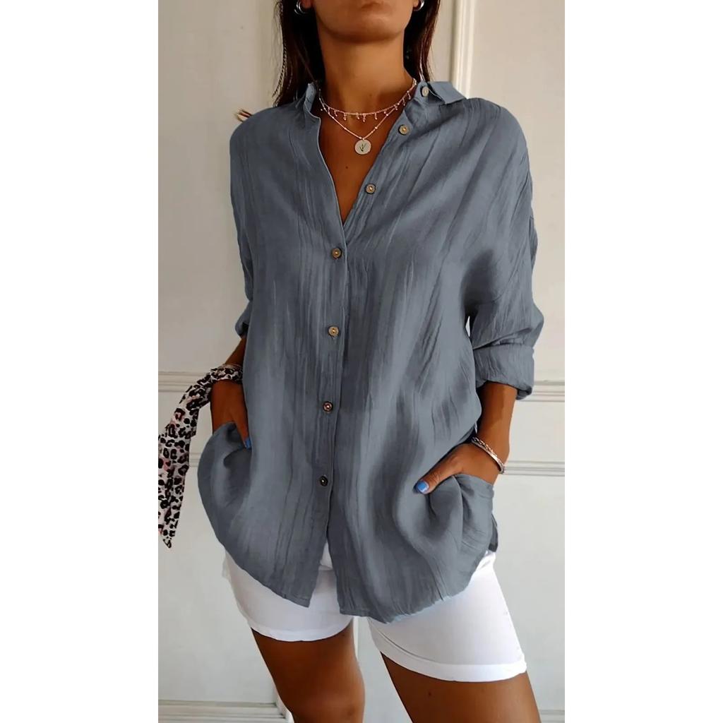 IHUASU Single Breasted Pleated Lapel Shirt Women's Solid Color Pull-up Sleeve Top