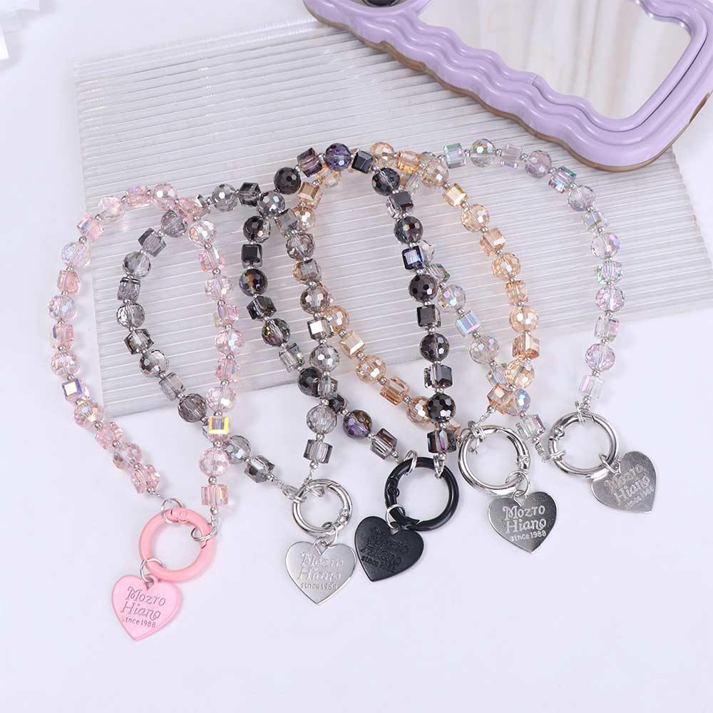 Sweet With Clip Crystal Beads Phone Chain Anti-lost Heart Mobile Phone Lanyard Jewelry Short Love Phone Pendant Female Lady Girl