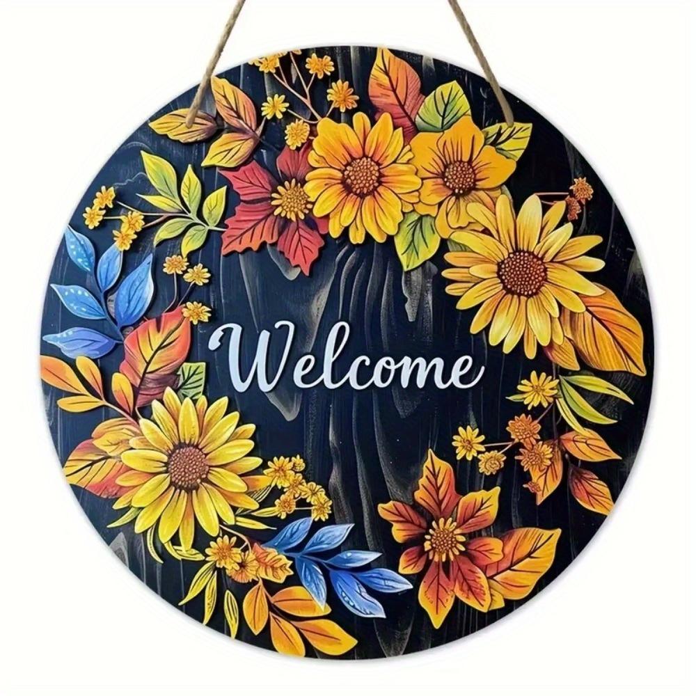 Vintage Welcome Flower Plant Sign, Round Wooden Wreath Sign for Home Room Farmhouse Porch Bar Cafe Wall Decor, Gift for Friends