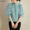 Women Casual Stand Color Solid Color 3/4 Sleeve Loose Blouse