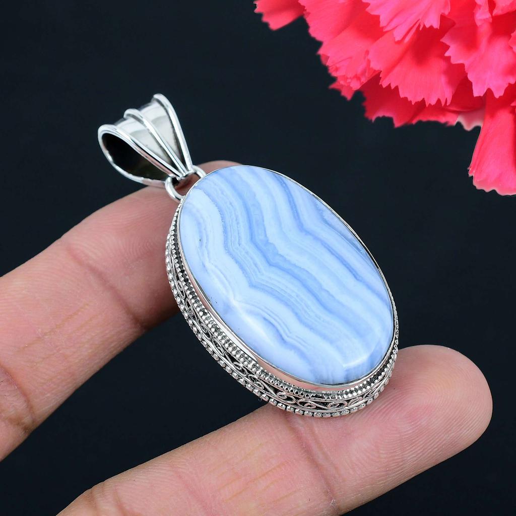 Blue Lace Agate Gemstone Pendant Solid 925 Sterling Silver Pendant Jewelry Gift For Unisex