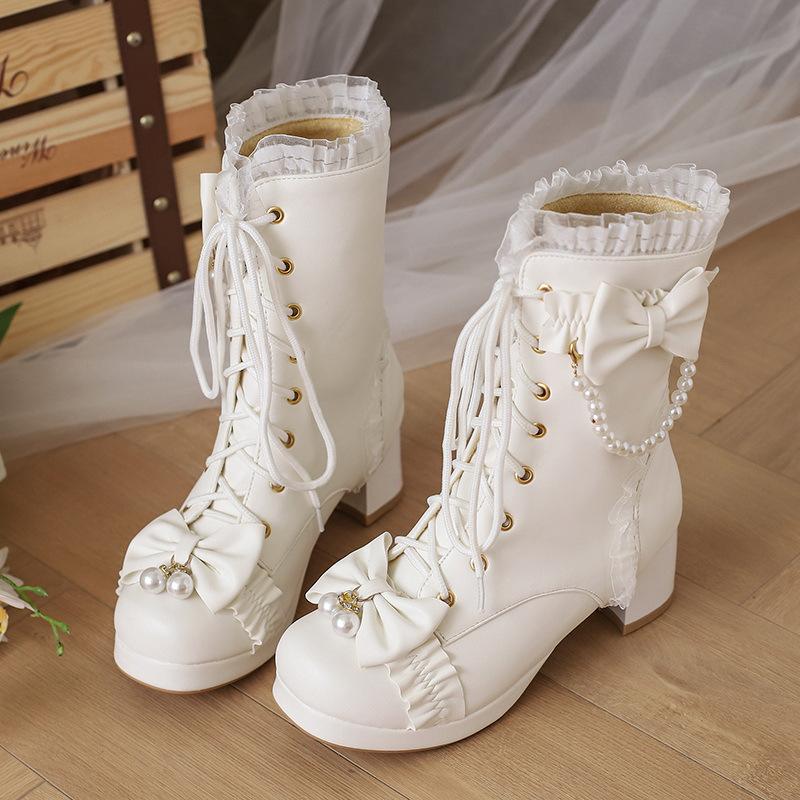 Зимние женские ботильоны до щиколотки Сладкая Лолита Бант Кружево Вечерние Свадебные Туфли Женские Высокие Каблуки Девушки Принцесса Косплей Меховые Сапоги 30-43