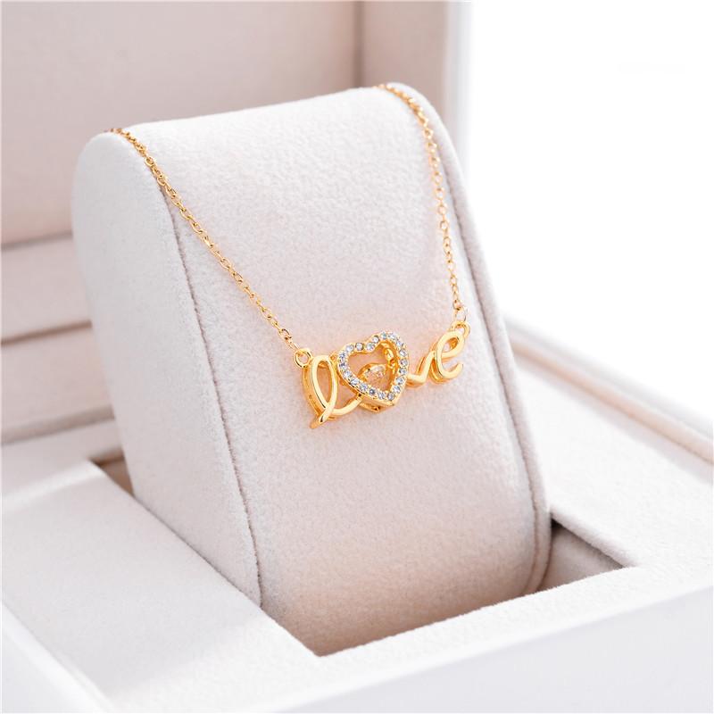 Cute Gold Love Letter Crystal Heart Pendant Women Necklace Ladies Romantic Wedding Party Jewelry Female Clavicle Chain