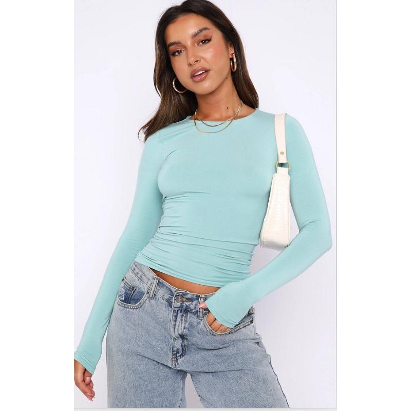 Women's Casual Long Sleeved T-shirt, Spring and Autumn Solid Color Slim Fit Pullover T-shirt, Women's Streetwear Base Shirt, Top