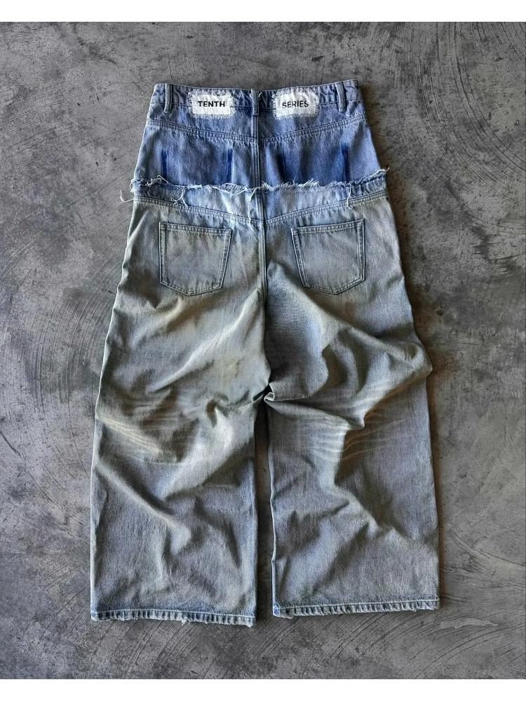 Джинсы мужские в стиле хип-хоп с буквенным принтом Y2k Goth Punk Harajuku Ripped Wide Leg Брюки Ретро Свободные прямые брюки с двойной талией