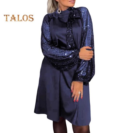 Lady Evening Dress Lace-up Strap Sequin Patchwork Long Lantern Sleeves Round Neck Spring Auutmn Midi Dress Loose Prom Party Dress