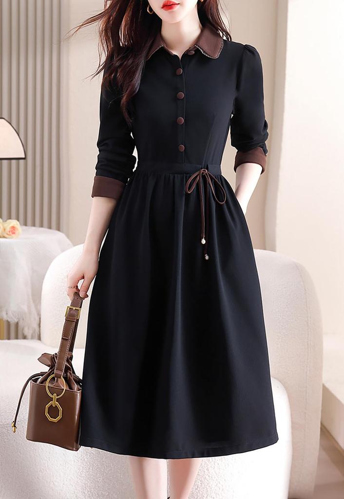 Seira Shirt Long High Retro Perfect for Commuting Women's Dress, Autumn/Winter, Sleeve, Knee-Length, Fold-Over Collar, Waist, A-Line, Style, Slimming,
